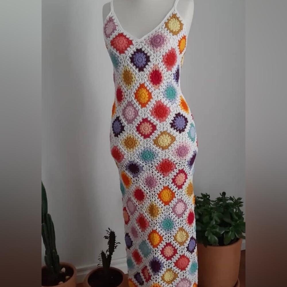 White Crochet Maxi Dress with Multicolor Floral Squares
